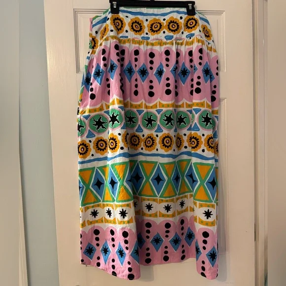 Colorful Geometric Dropped Waist Cotton Poplin Patterned Maxi Skirt - Picture 3 of 6